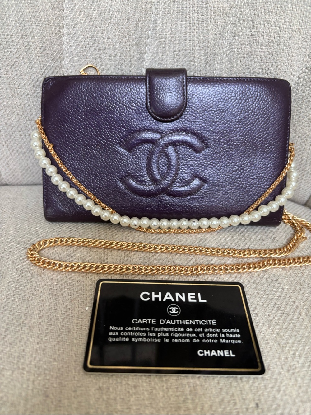 CHA-NEL CC Deep Purple Caviar Leather Bifold Wallet on Chain